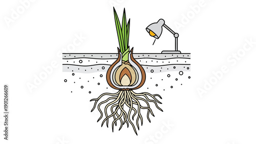 Bulb Plant Growth Cross-Section Diagram with Roots, Soil Layers, and Desk Lamp Light - Botanical Nurturing Illustration