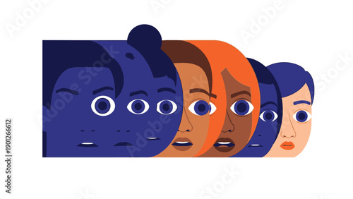 Diverse Faces in Shock: Crowd of Multi-ethnic People with Wide Eyes, Flat Vector Illustration Representing Anxiety, Fear, or Surprise