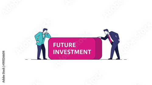 Future Investment Strategy: Two Businessmen Analyzing Growth and Financial Planning. Modern SEO Vector Illustration.