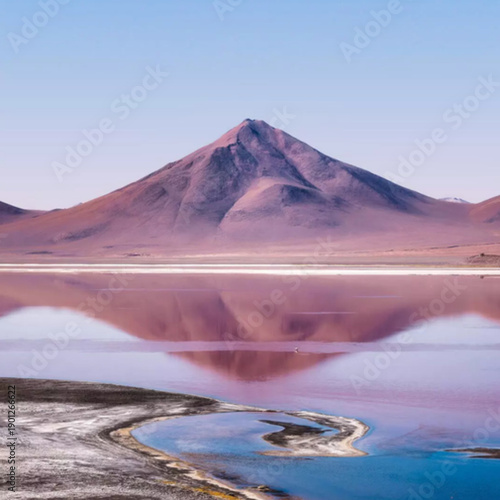 Vibrant Pink Lake Reflecting a Majestic Mountain Peak