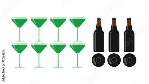 Green Martini Cocktail Glasses and Dark Beer Bottles Vector Illustration Set for Pub or St. Patrick's Day Theme