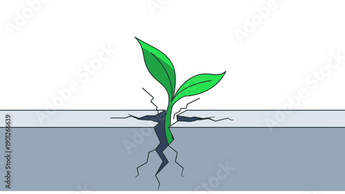 Vector illustration of a green plant seedling breaking through cracked concrete ground, symbolizing growth, resilience, and strength against adversity.