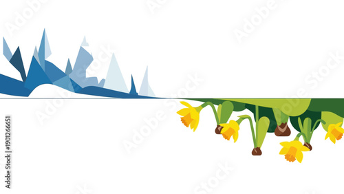 Geometric Spring and Winter Contrast Banner. Daffodil Flowers and Blue Iceberg Mountains Vector Illustration.