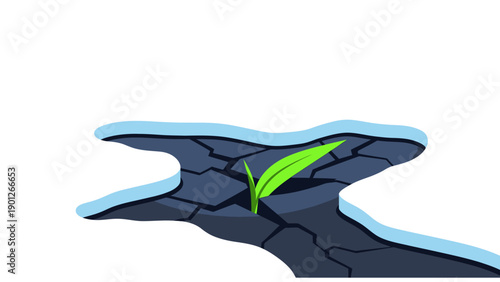 Single green sprout pushing through cracked, dry ground. Conceptual illustration of hope, resilience, growth, and overcoming adversity.