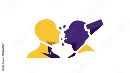 Mental Conflict and Argumentation Icon. Two Abstract Silhouettes Breaking Apart, Representing Duality, Discord, and Communication Breakdown.