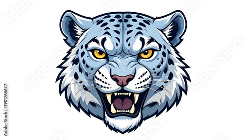 Wallpaper Mural A digitally rendered, ferocious snow leopard head, facing forward with an open mouth, showing teeth and intense eyes Torontodigital.ca