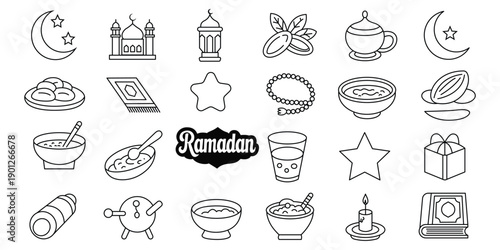 Ramadan icons set with food and symbols