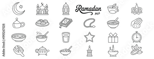 Ramadan icons set with mosque and food items