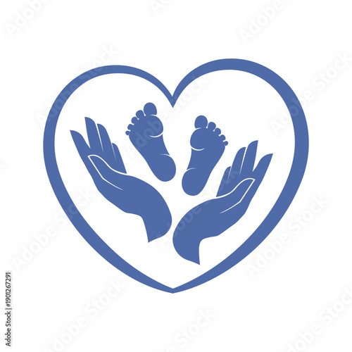 The heart and hands of an adult and the feet of a child. Taking care of children. A blue icon on the theme of the Month of Prevention of Child Abuse.
