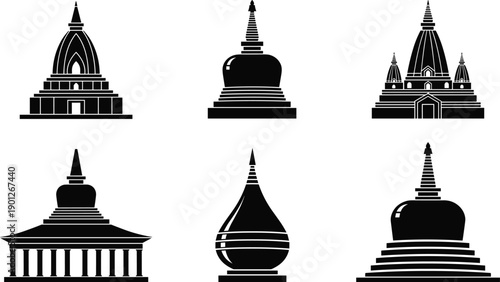 Black silhouette collection of traditional Buddhist stupas and Asian pagoda temples isolated on white background for religious landmarks, spiritual travel, and cultural architecture design. (25 words)