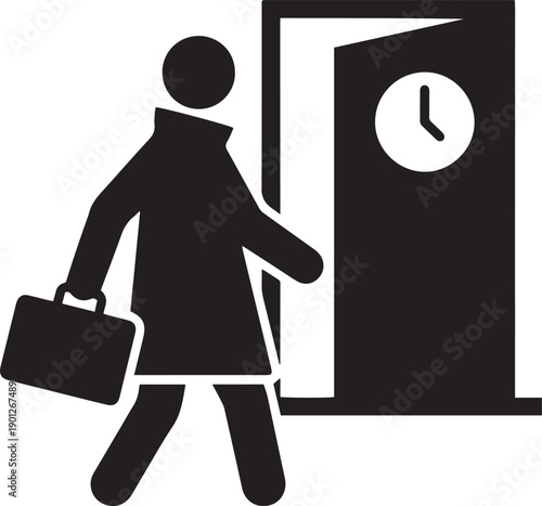 Business man and woman silhouette with suitcase standing near office door icon