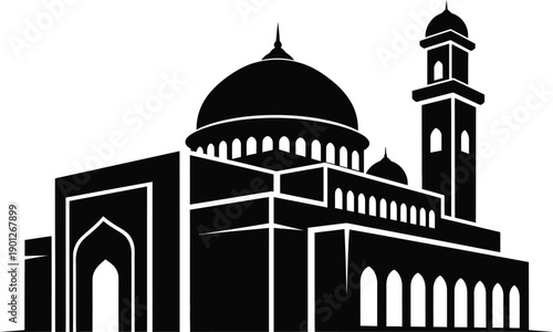 Islamic Mosque , Minimalist Mosque Architectural Design, Solid Mosque , silhouette, illustration, vector black and white on white background 