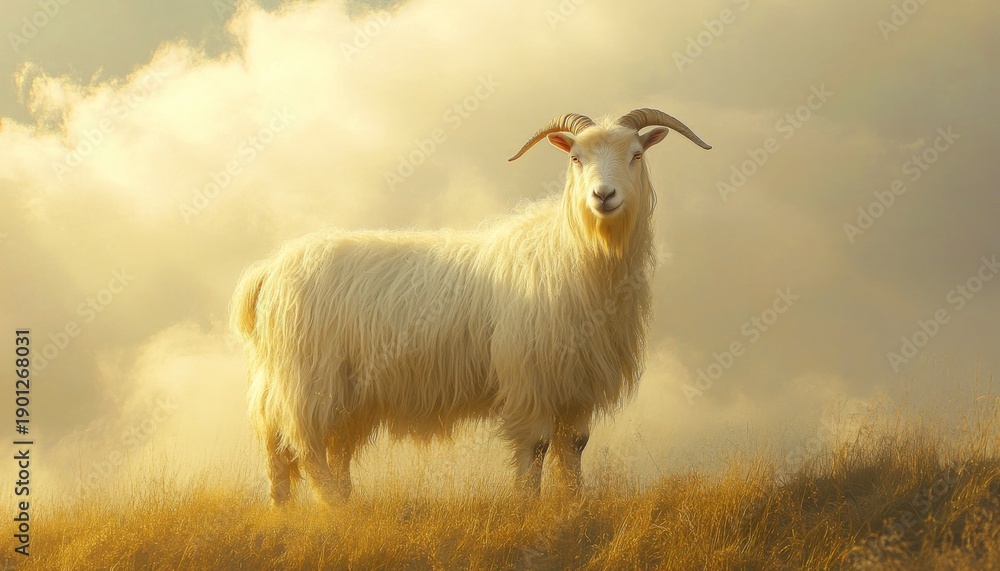 Fototapeta premium Majestic white goat standing gracefully in a lush meadow under a soft cloudy sky