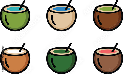 Minimalist coconut shell drink icons with different colored liquid fillings and black drinking straws