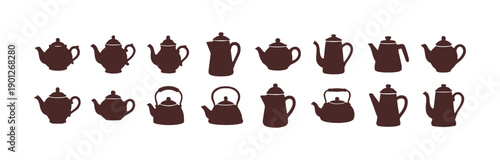 Collection of hand-drawn teapots, isolated. In black. Silhouettes of kettles and coffee pots. Designed as an abstract logo for shops, markets, online stores, or labels. Vector art. Tableware.

