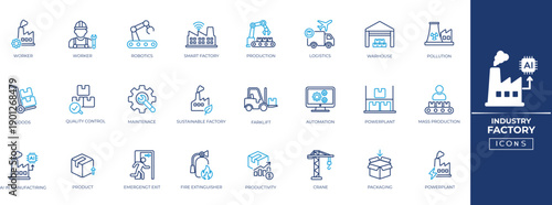 Factory and industrial production line icon set - Machinery, Engineering, Logistic, Distribution, Maintenance, Warehouse logistics, and automation symbols.