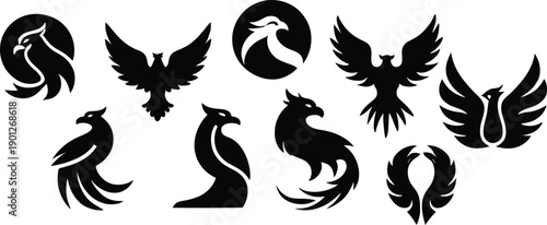 Silhouette style phoenix icon set minimal vector art illustration on a white background
