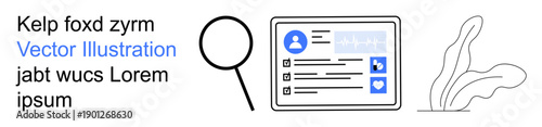 Identity verification, user profiles, social media, online security, data analysis, personal information. Magnifying glass next to a screen with profile details. Identity verification and user