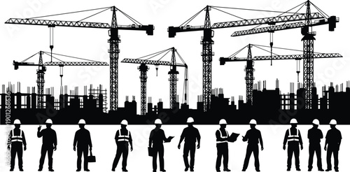Construction site silhouettes with tower cranes, workers and building skyline, industrial engineering development vector illustration isolated on white background scene
