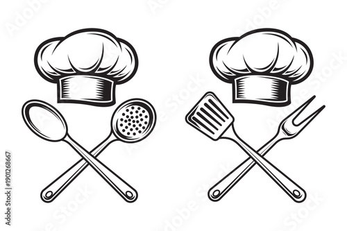 Chef Hat with Crossed Kitchen Utensils Cooking Vector 