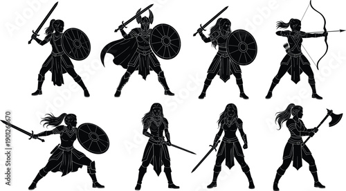 Fantasy warrior woman silhouettes with swords, shield, axe and bow in dynamic battle poses vector illustration isolated set
