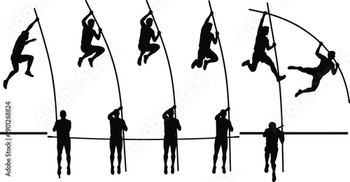 Pole vault athlete silhouette sequence, track and field sport motion, jumping stages, athletics training, isolated vector illustration design, white background