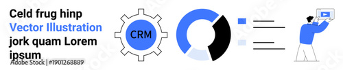 Gear labeled CRM, pie chart, and person updating interface reflect data management, teamwork, and analytics. Ideal for technology, workflow, operations, strategy dashboards and simple landing page