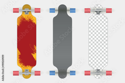 Three longboards displayed in different styles. Top down view of four stylish skateboards with colorful and unique graphic