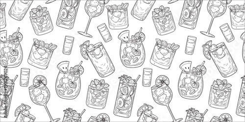 Alcoholic cocktails hand drawn seamless pattern. Vector illustration. Engraved style. Design template.