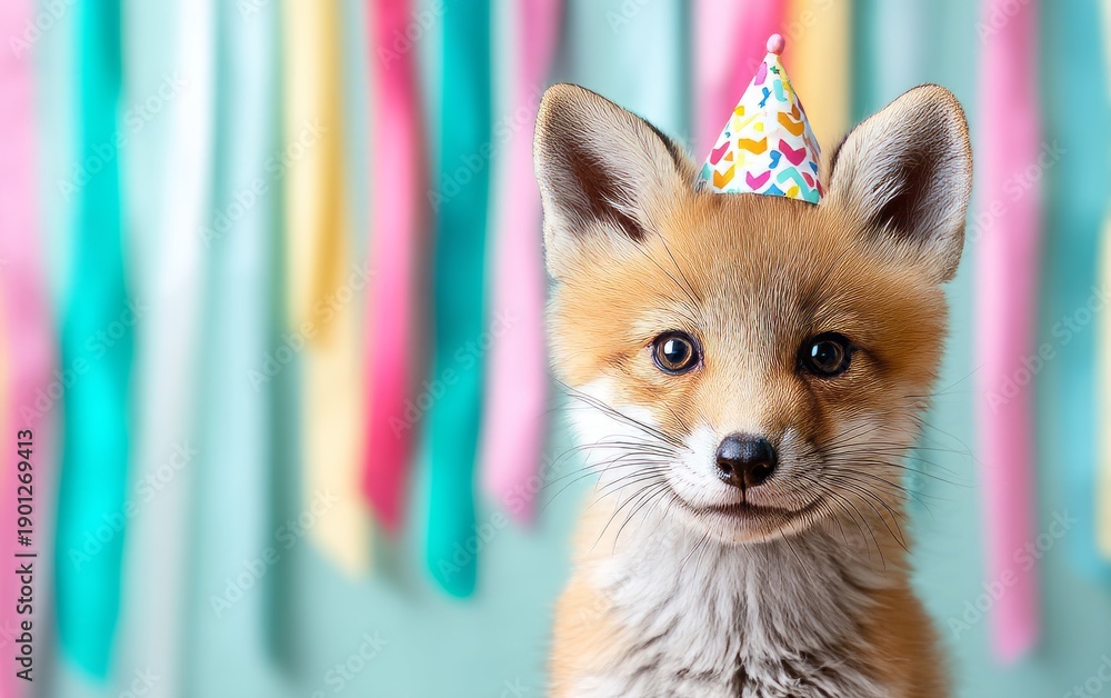 Fototapeta premium Adorable Fox Cub Celebrates with Colorful Party Hat and Streamers