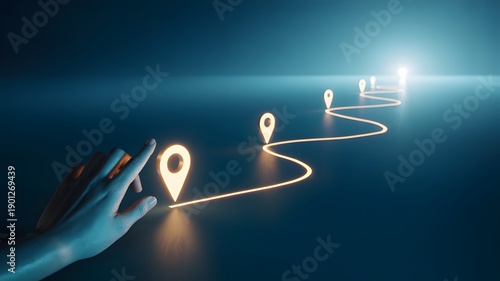 Hand Selecting Glowing GPS Map Pins on a Strategic Success Path
