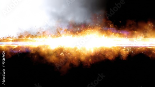 Bright fiery explosion with smoke and sparks in dark background