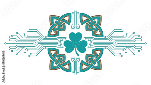 Celtic Shamrock Technology Icon: Interlaced Knot Design with Circuit Board Trace Pattern, Blending Irish Heritage and Digital Innovation