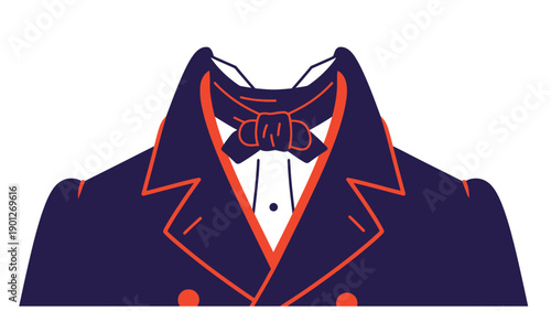 Elegant Tuxedo Suit with Bowtie Illustration. Formal Wear Vector Design in Minimalist Style. Gentlemen's Fashion and Classic Style Icon.