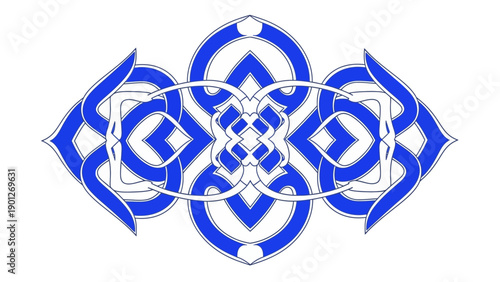Symmetrical Arabic Ornament in Royal Blue. Intricate Geometric Islamic Knotwork Design. Elegant Abstract Vector Motif Element.