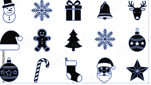 Large collection of black and white Christmas icons featuring Santa Claus, snowman, reindeer, snowflakes, and festive ornaments for winter holiday celebration and seasonal