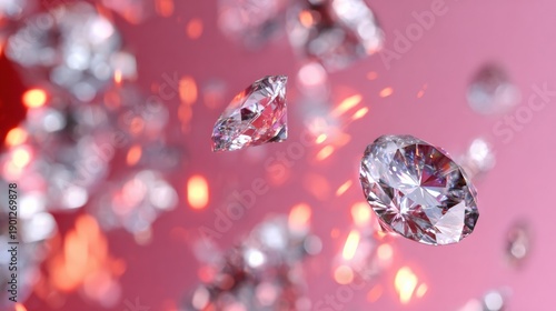 Sparkling diamonds on pink background with light reflections