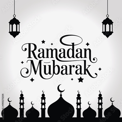 Ramadan Mubarak greeting card with mosque silhouettes and lanterns