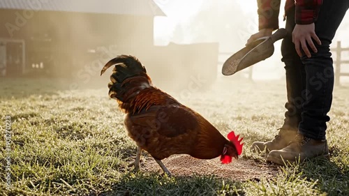 A farmer feeding a rooster on a farm with a wooden fence and a house.