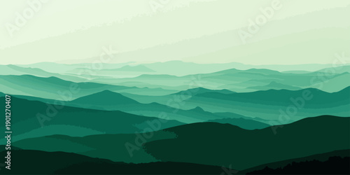 Vector Serene vistas of layered emerald mountains bathed in tranquil gradients of mist, evoking a sense of calm and the raw grandeur of nature. Atmospheric scene of rolling mountain ranges. 