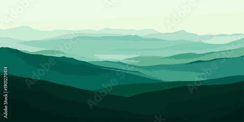 Vector Panoramic vista of layered verdant mountain range, depicting tranquility. Hues of emerald blend into the serene sky, symbolizing height. A beautiful depiction of nature's serenity.