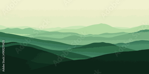 Vector Rolling verdant mountainscape in layered illustration. Captivating display of nature's beauty and serenity. evoking tranquility and awe.