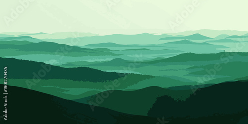 Vector Ethereal emerald mountain silhouette, showcasing a layered landscape, evokes the mystery and serenity of nature 