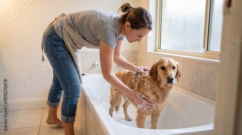 Woman washing golden retriever dog in bathtub indoors  