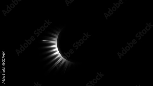 White eclipse with glowing rays on black background, abstract space event animation