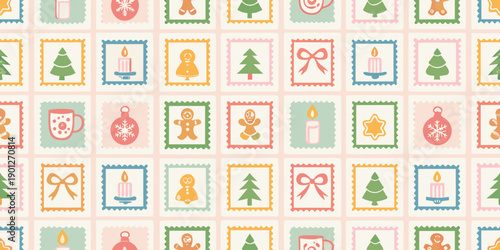 Charming christmas postage stamps pattern with festive icons and pastel colors