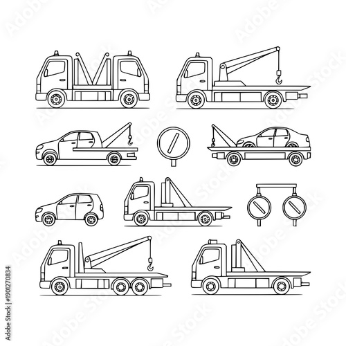 Towing vehicle outline line art vector icon set