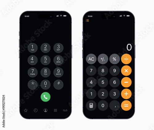 Smartphone dial phone ui set. Phone number pad, call screen with keypad.