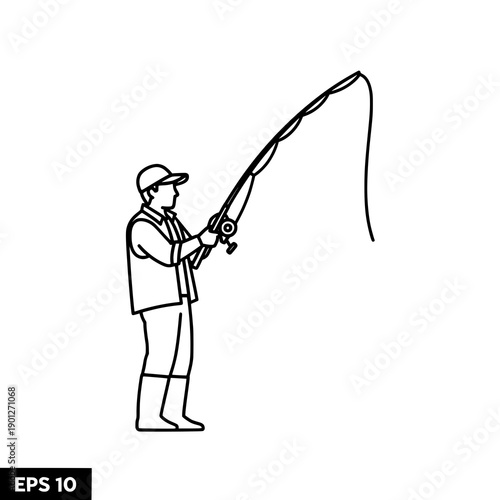 Fisherman fishing outline line art vector illustration