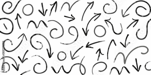 Abstract black ink swirls and arrows on a stark white background